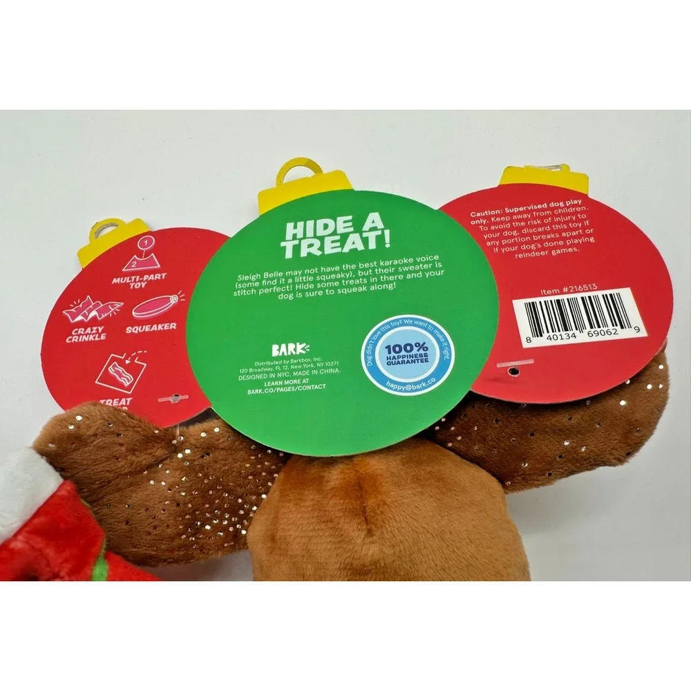 Bark Sleigh Belle Medium Plush Dog Toy Squeaky Crinkle Multi-Part Treat Trap